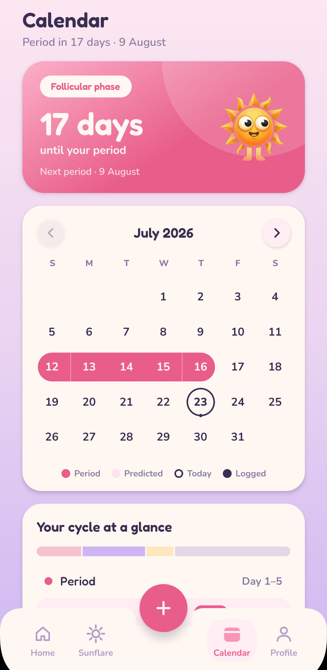 Soleii calendar with logged and predicted period days