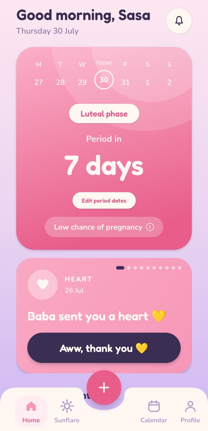 Soleii home screen showing luteal phase and period in 7 days