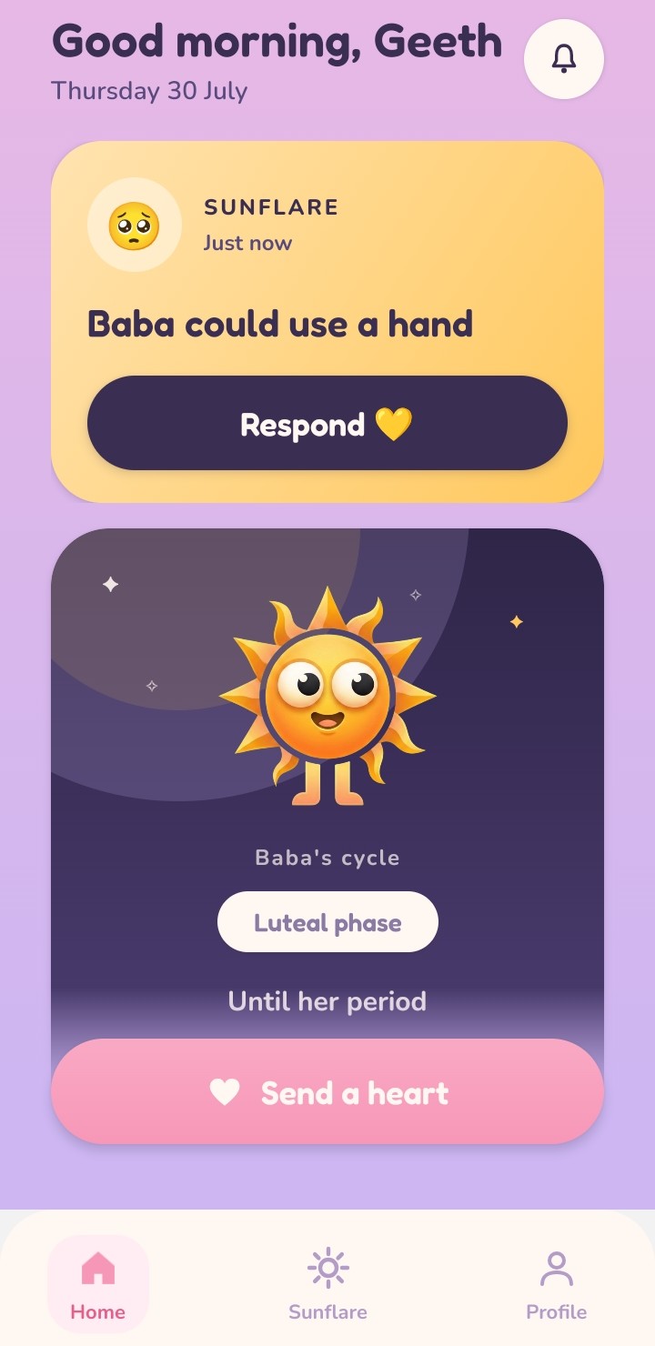 Soleii partner home screen with a Sunflare alert